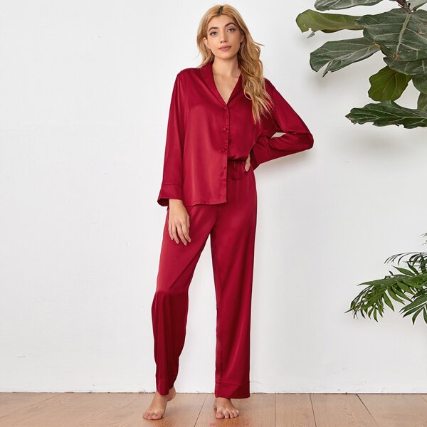 

Shawl Collar Solid Satin PJ Set, Burgundy