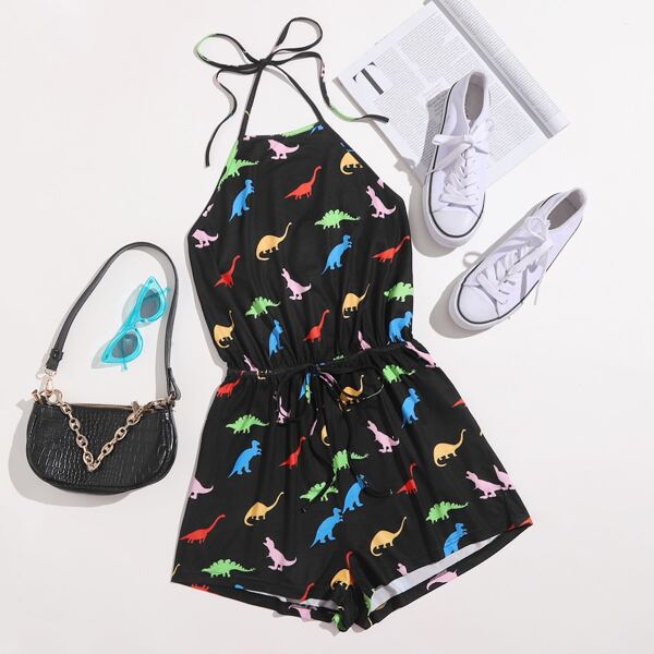

Self Tie Allover Cartoon Graphic Halter Romper, Black