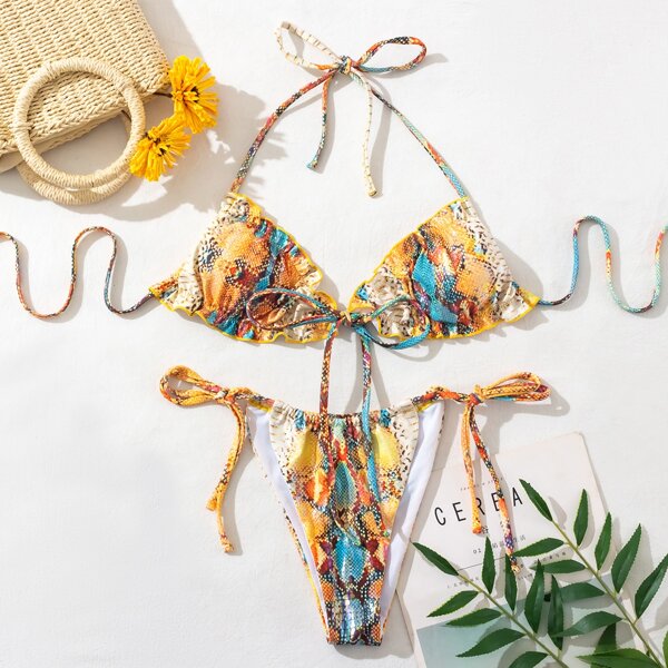 

Snakeskin Frill Trim Tie Side Bikini Swimsuit, Multicolor