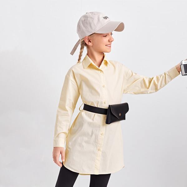 

Girls Single Breasted High Low Hem Blouse With Bag, Yellow pastel