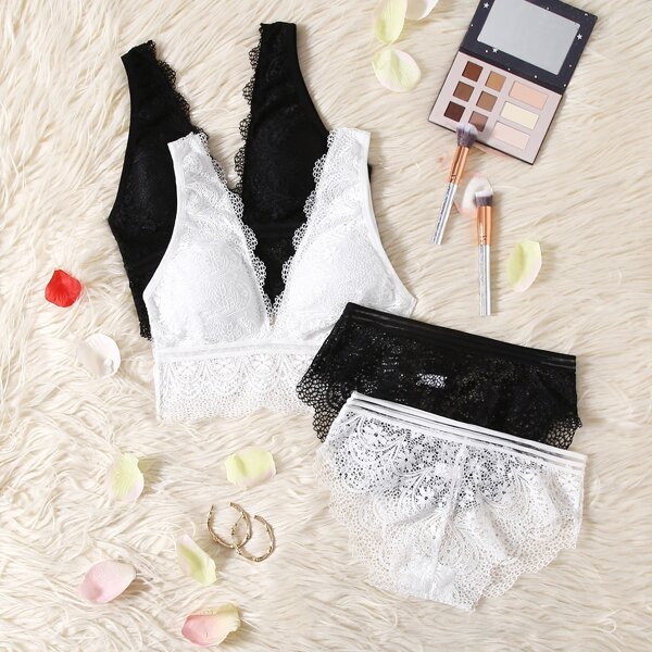 

2sets Floral Lace Scallop Trim Lingerie Set, Black and white