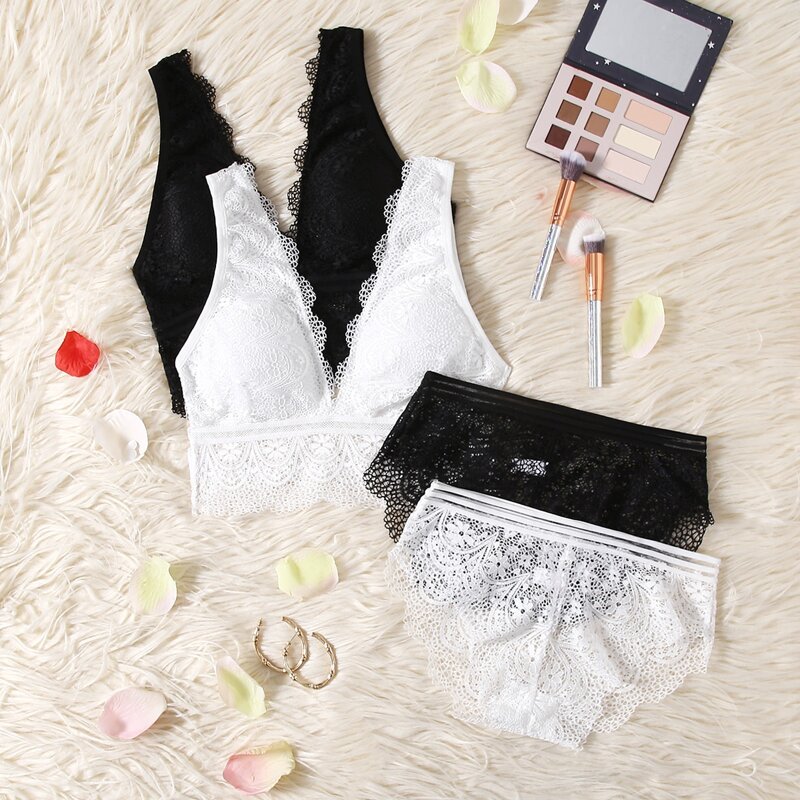 

2sets Floral Lace Scallop Trim Lingerie Set, Black and white