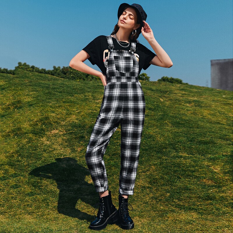

Patch Pocket Plaid Overalls Without Tee, Black and white