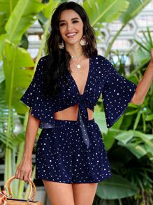 SHEIN Unity Polka Dot Self-Tie Crop Top & Shorts Set - Navy Blue - View 1