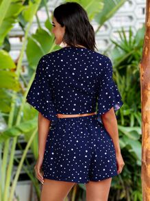 SHEIN Unity Polka Dot Self-Tie Crop Top & Shorts Set - Navy Blue - View 2