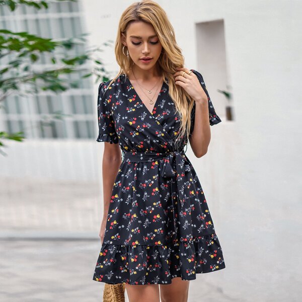 

Ditsy Floral Ruffle Hem Belted Dress, Black