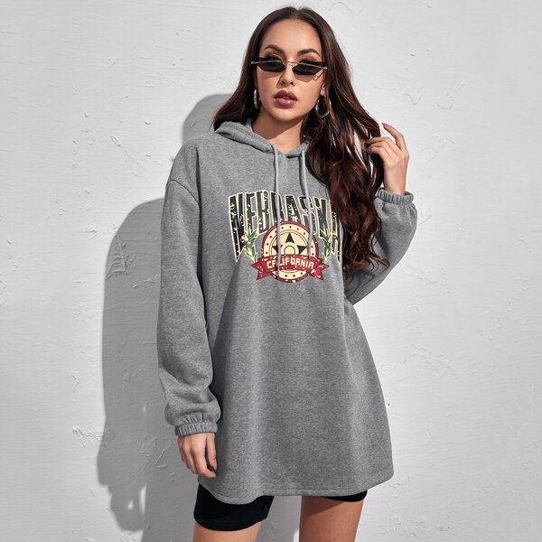 

Letter Graphic Drop Shoulder Drawstring Hoodie, Grey