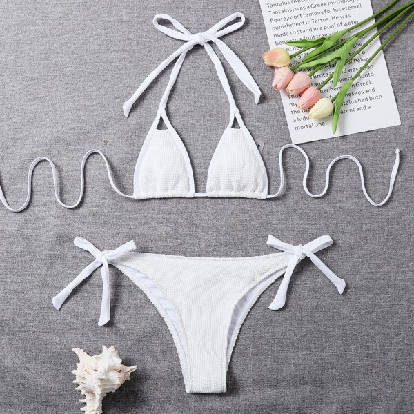 

Textured Micro Triangle Tie Side Bikini Swimsuit, White