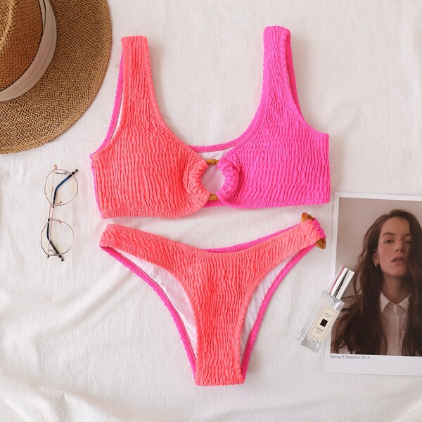 

Two Tone Ring Linked Smocked High Cut Bikini Swimsuit, Multicolor