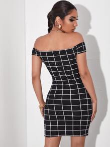 SHEIN Privé Đầm Chia Sọc ca rô Thanh lịch - màu đen - Xem 2