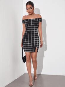 SHEIN Privé Đầm Chia Sọc ca rô Thanh lịch - màu đen - Xem 3