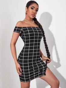 SHEIN Privé Đầm Chia Sọc ca rô Thanh lịch - màu đen - Xem 4