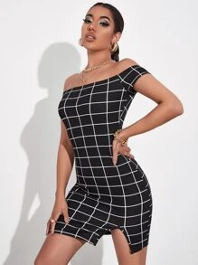 SHEIN Privé Đầm Chia Sọc ca rô Thanh lịch - màu đen - Xem 5