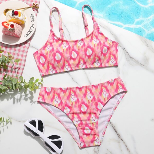 

Girls Allover Graphic Bikini Swimsuit, Multicolor
