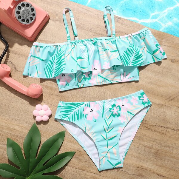 

Girls Tropical Flounce Bikini Swimsuit, Blue