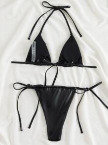 SHEIN Swim 夏季海灘微三角綁帶比基尼性感比基尼套裝 - 黑色 - 查看 2