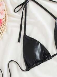 SHEIN Swim 夏季海灘微三角綁帶比基尼性感比基尼套裝 - 黑色 - 查看 3