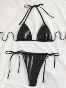 SHEIN Swim 夏季海灘微三角綁帶比基尼性感比基尼套裝 - 黑色 - 查看 4