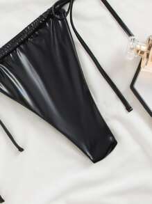 SHEIN Swim 夏季海灘微三角綁帶比基尼性感比基尼套裝 - 黑色 - 查看 5