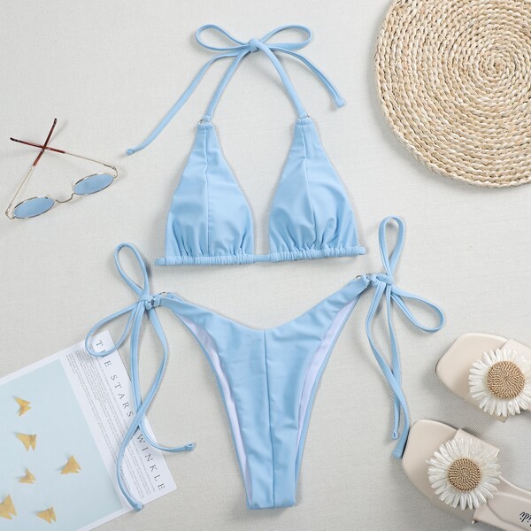 

Triangle Tie Side Bikini Swimsuit, Baby blue