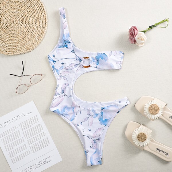 

Floral Cut-out Ring Linked One Piece Swimsuit, Multicolor
