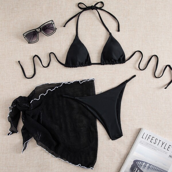 

3pack Micro Triangle Bikini Swimsuit & Beach Skirt, Black