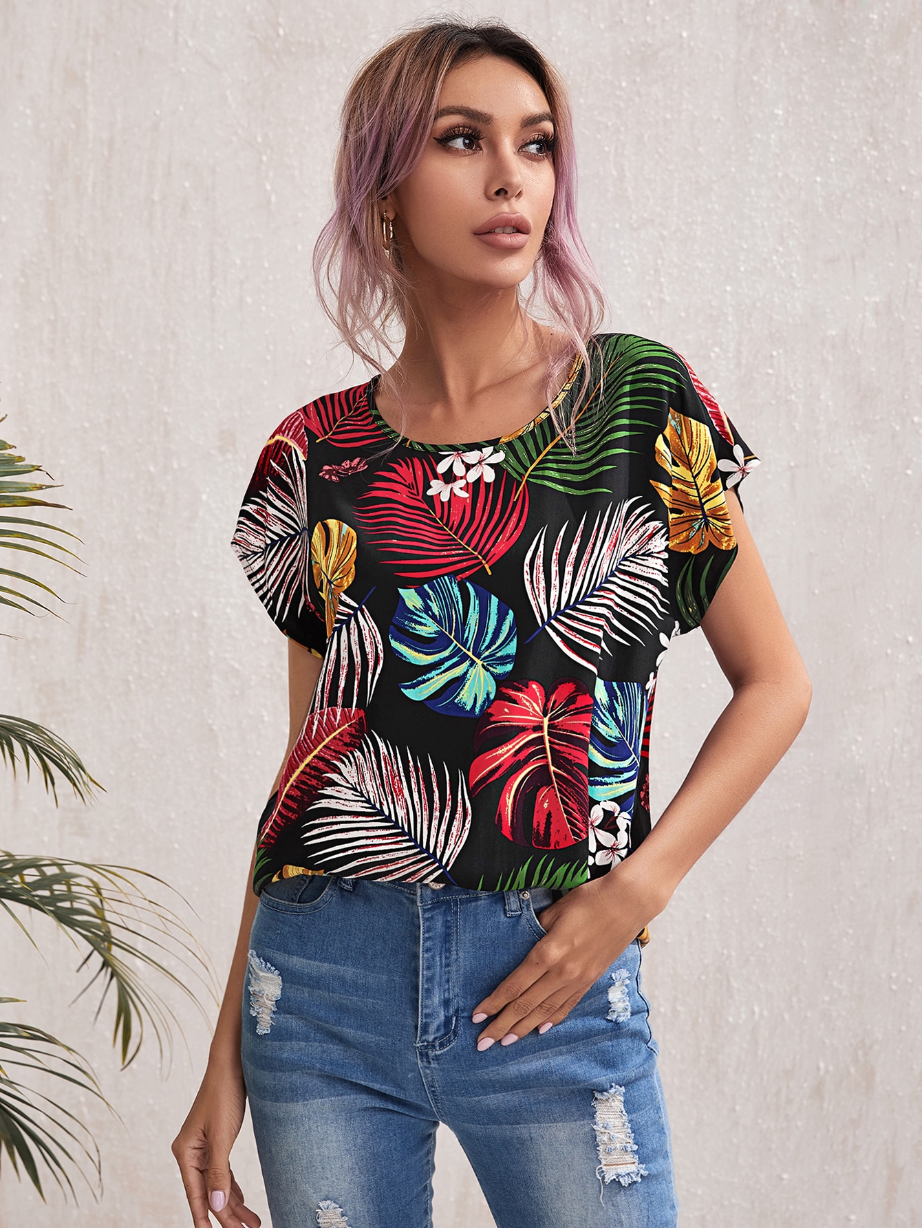 Batwing Sleeve Tropical Print Top thumbnail