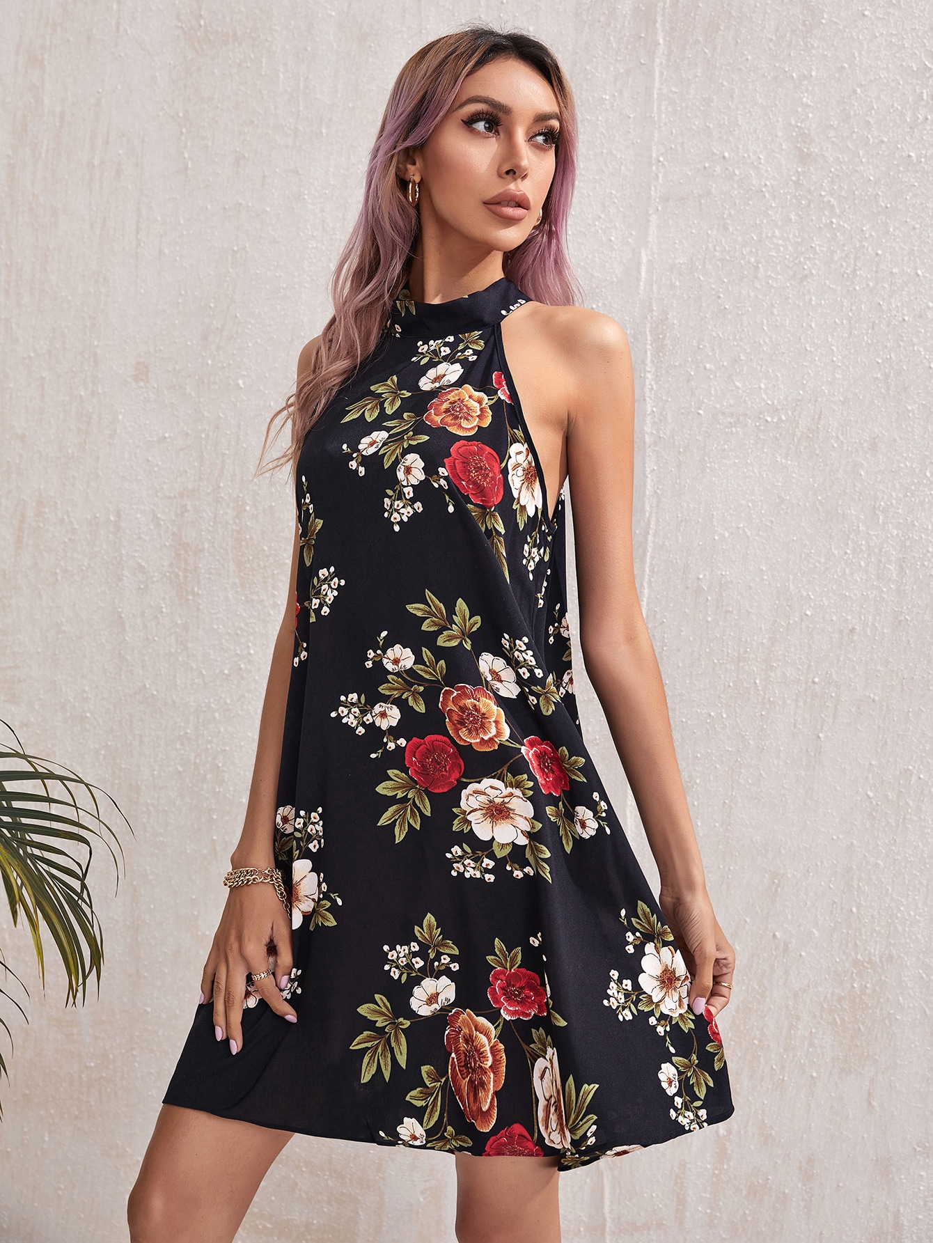 Tie Back Floral Print Halter Dress thumbnail