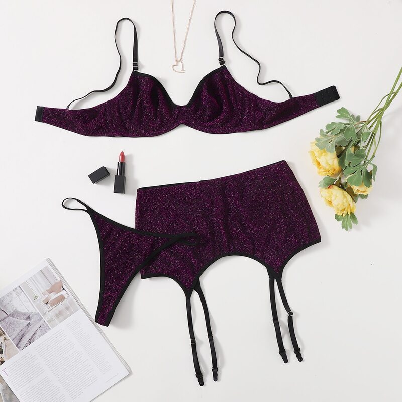 

Glitter Underwire Garter Lingerie Set, Purple