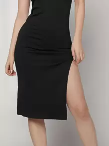 SHEIN BAE Split Hem Solid Bodycon Dress - Black - View 4