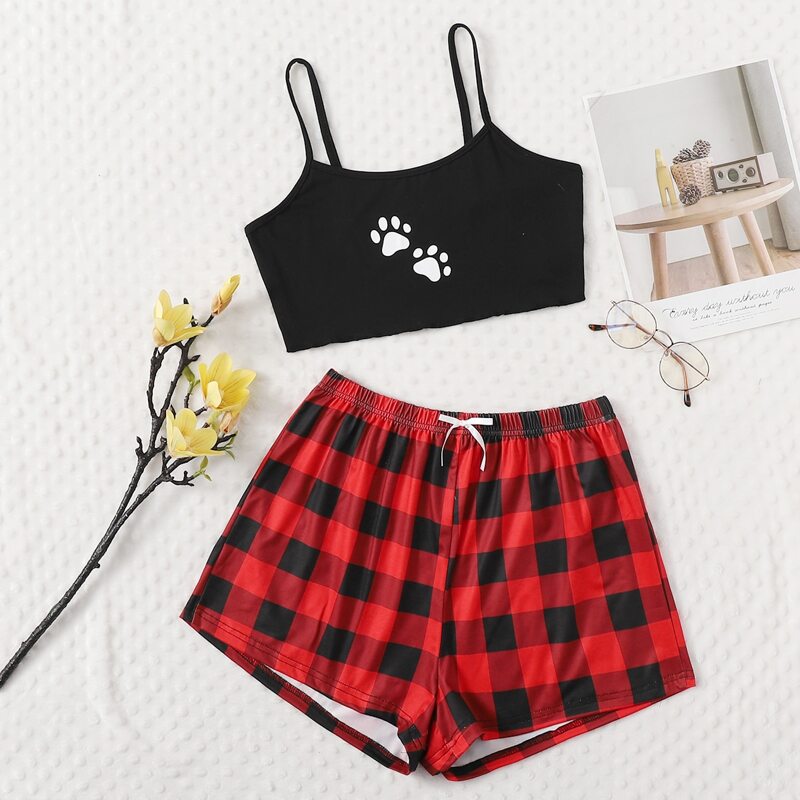 

Cartoon And Gingham Print Cami Pajama Set, Multicolor