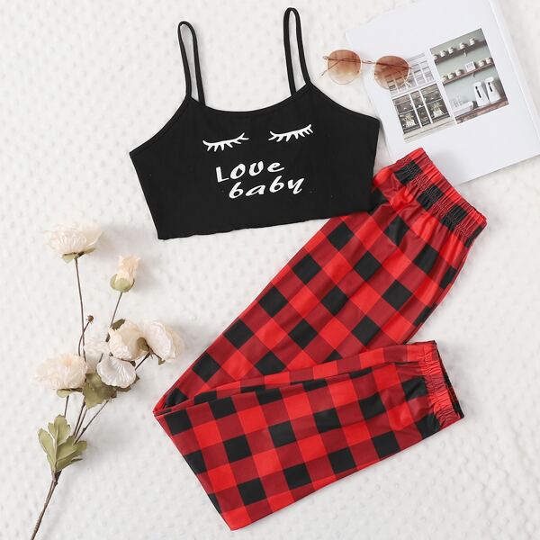 

Slogan And Gingham Print Cami Pajama Set, Multicolor