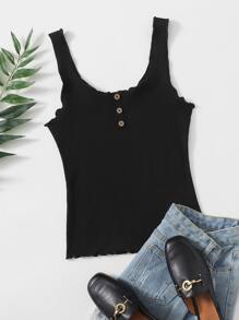 SHEIN EZwear 紐扣生菜邊背心上衣 - 黑色 - 查看 2