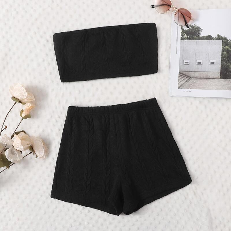 

Solid Bandeau Lounge Set, Black
