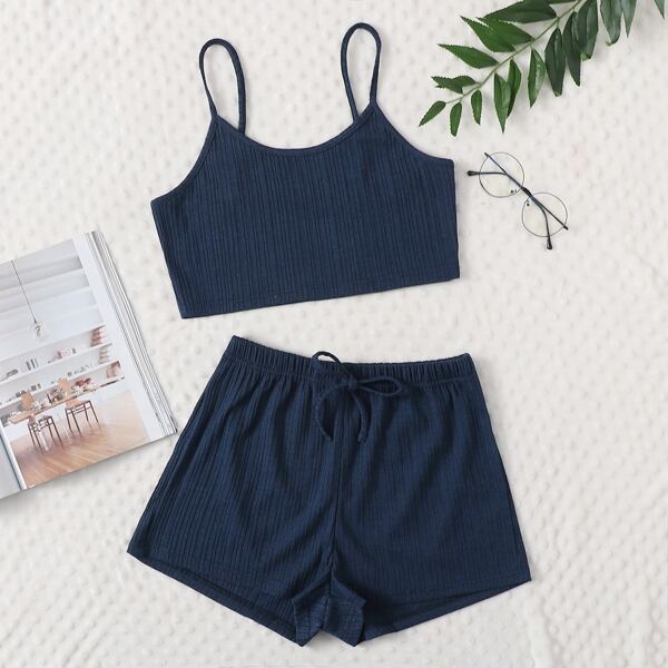 

Solid Knot Front Cami Lounge Set, Navy blue