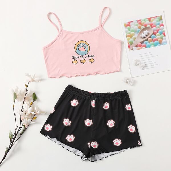 

Slogan And Cartoon Graphic Cami Pajama Set, Multicolor