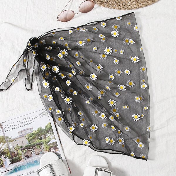 

Knotted Side Daisy Floral Mesh Cover Up, Black
