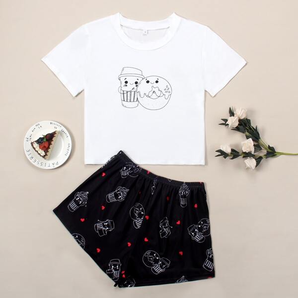 

Cartoon And Heart Print Pajama Set, Black and white