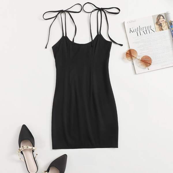 

Knotted Shoulder Solid Dress, Black