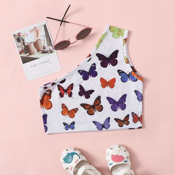 

Toddler Girls One Shoulder Butterfly Print Top, Multicolor