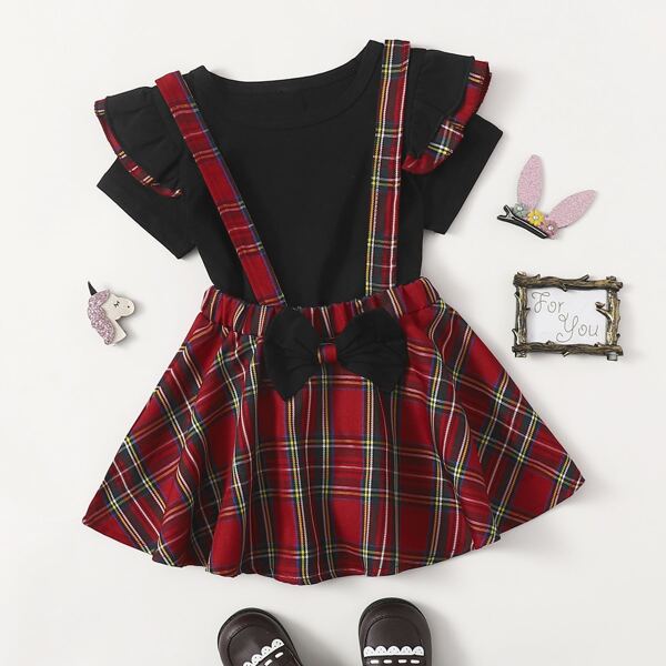 

Toddler Girls Tartan Print Ruffle Trim Tee With Bow Front Pinafore Skirt, Multicolor