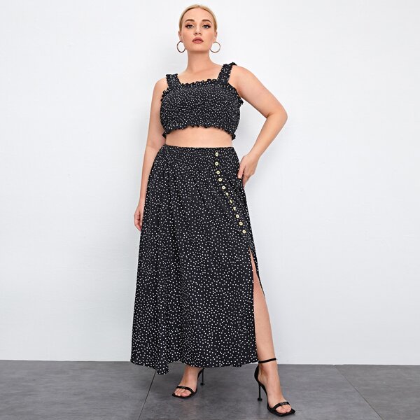 

Plus Polka Dot Frill Trim Cami Top & Split Hem Skirt Set, Black