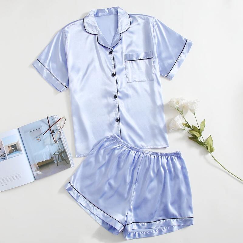

Plus Contrast Binding Pocket Front PJ Set, Baby blue