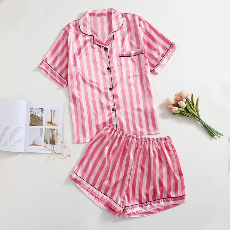 

Plus Striped Contrast Binding PJ Set, Pink