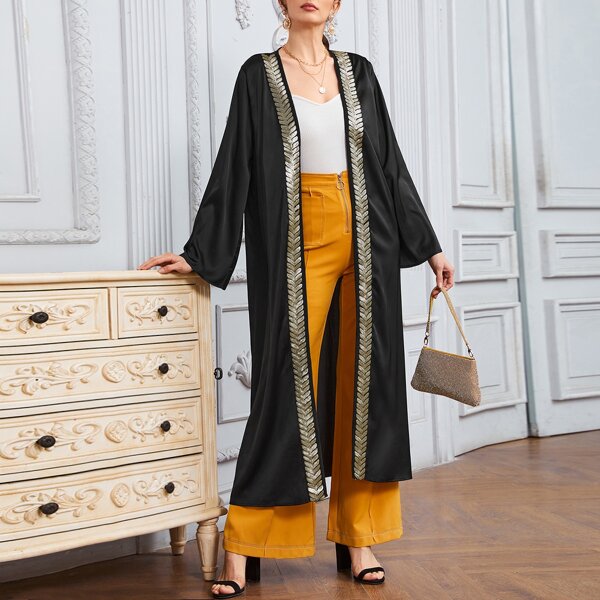 

Contrast Sequin Open Front Abaya, Black