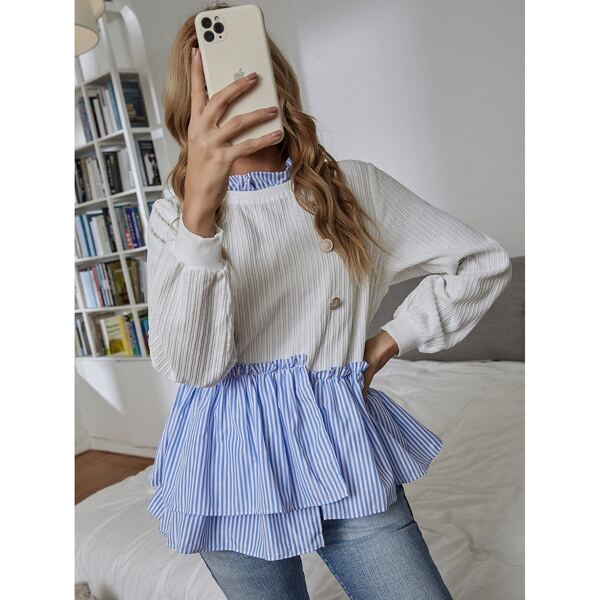 

Contrast Striped Ruffle Hem Frill Neck Sweatshirt, Blue and white
