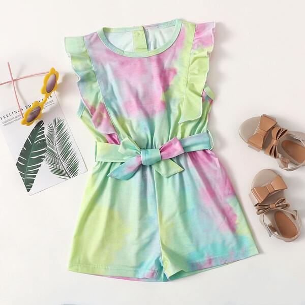 

Toddler Girls Tie Dye Ruffle Trim Belted Romper, Multicolor