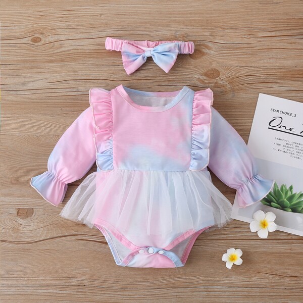 

Baby Girl Mesh Overlay Tie Dye Bodysuit With Headband, Multicolor