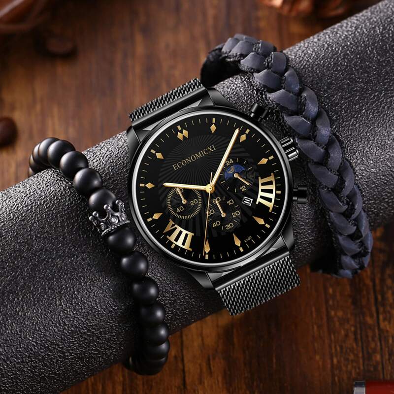 

1pc Guys Round Pointer Date Quartz Watch & 2pcs Bracelet