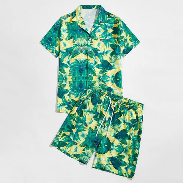 

Men Tropical Print Button Front Shirt With Drawstring Waist Shorts, Multicolor